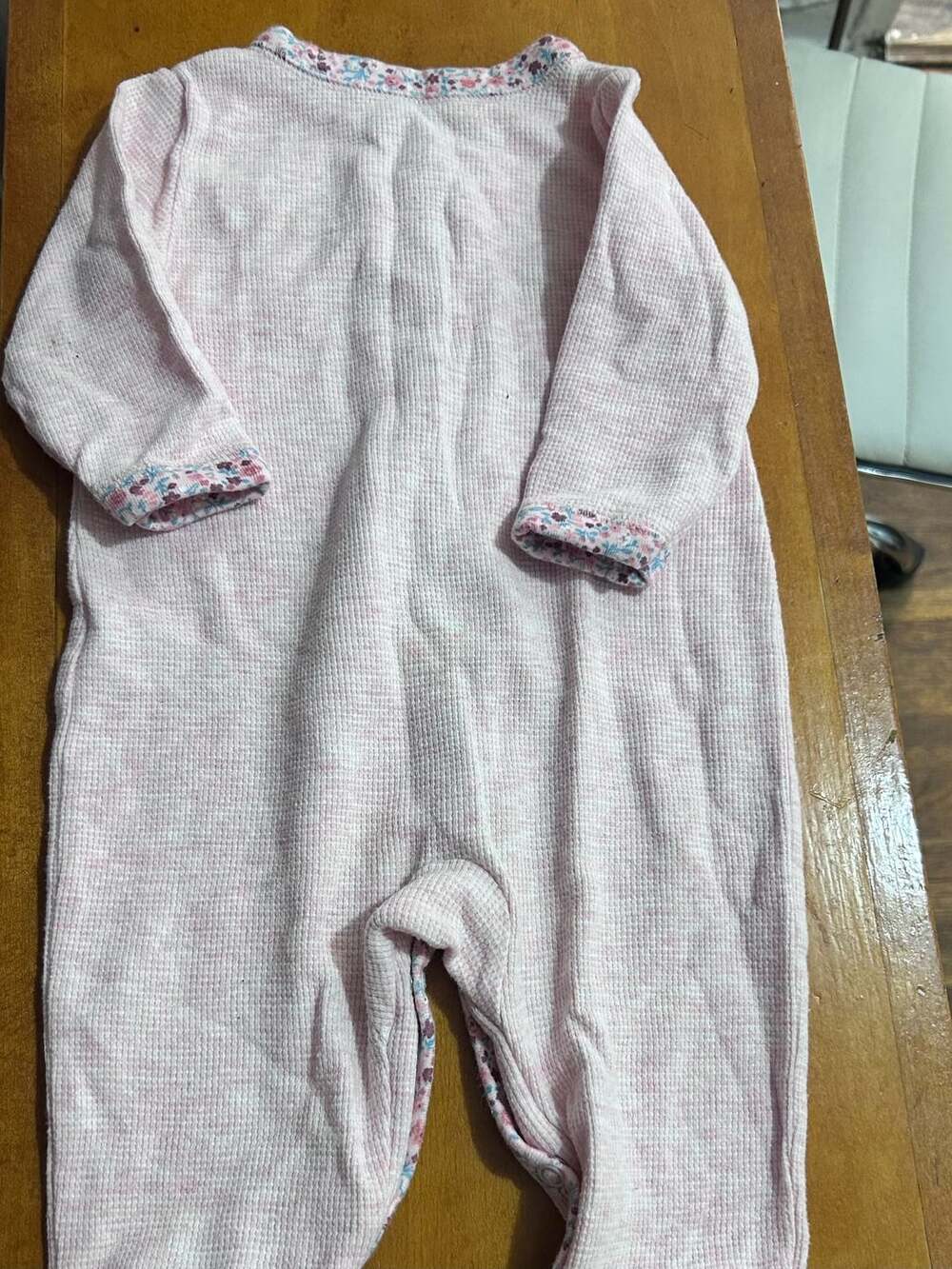 Baby Pink Thermal Waffle Knit Footed Sleeper with Floral Trim and Bear Pocket